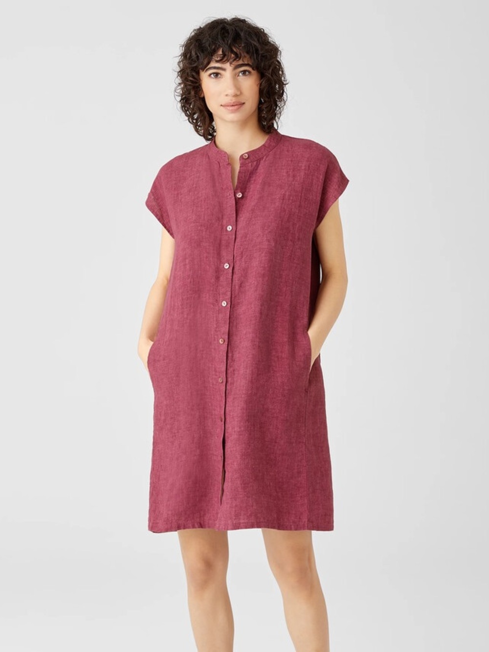 Eileen Fisher Organic Linen Button Front Shirt Dress Plum Small